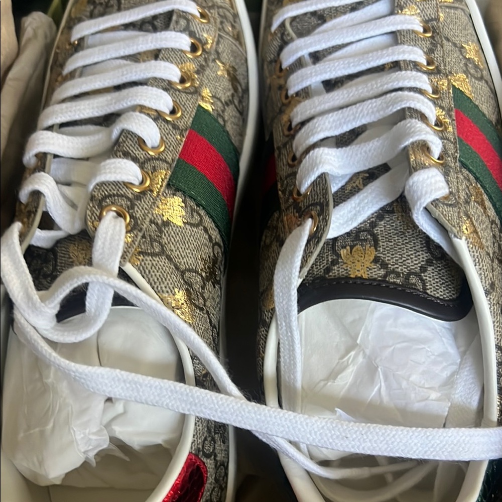 Gucci Monogram Sneakers with Gold and Green Stripes